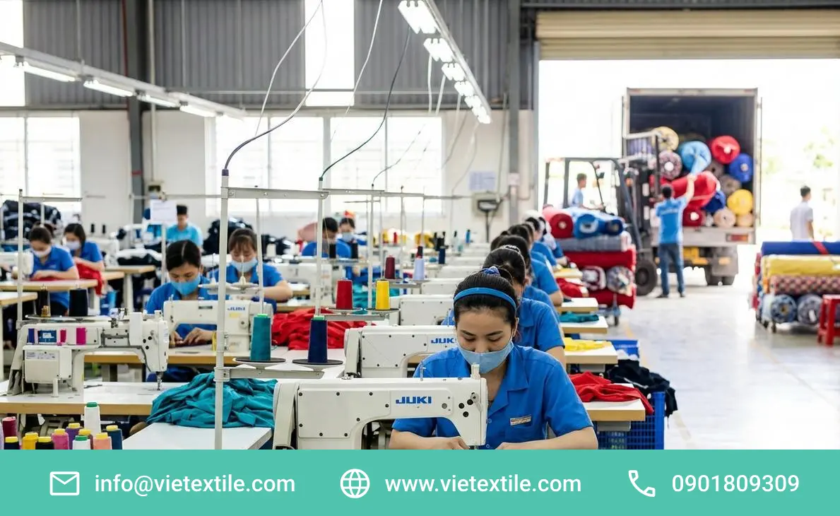 Dây chuyền sản xuất gia công dệt may với công nhân vận hành máy may JUKI và xe nâng bốc dỡ vải cuộn.