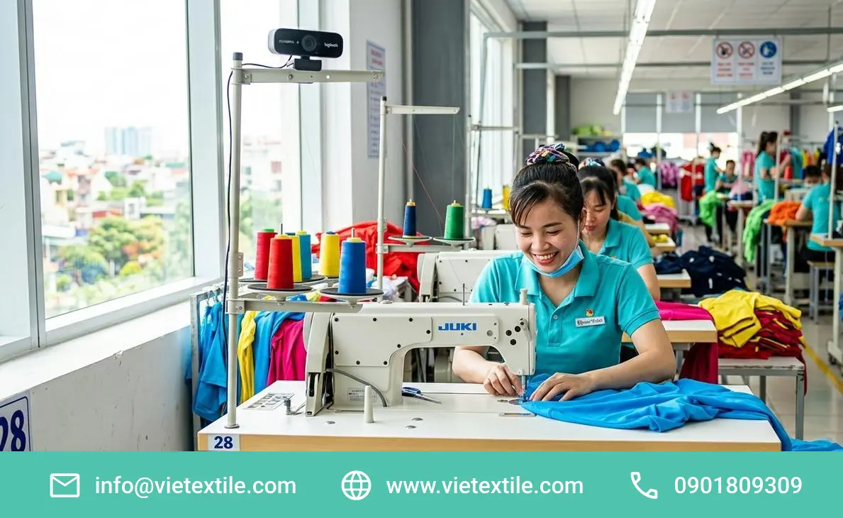 Nữ công nhân mỉm cười sử dụng máy JUKI để gia công dệt may trong xưởng sản xuất hiện đại, nhiều chỉ màu và webcam.