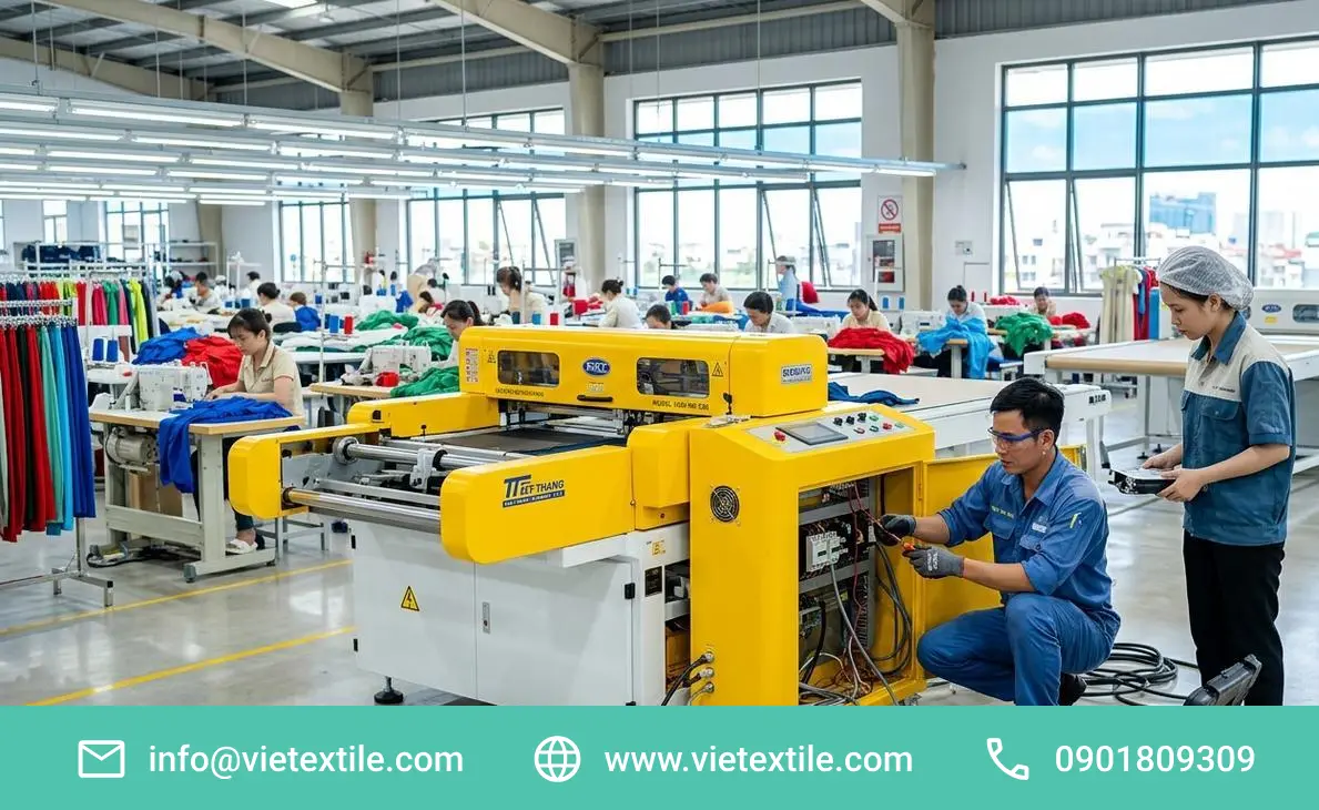 Nhà máy gia công dệt may hiện đại với công nhân vận hành máy may và kỹ thuật viên bảo trì máy cắt vải tự động.
